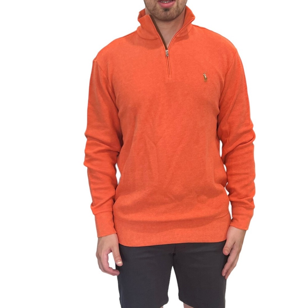 MEN'S VINTAGE POLO RALPH LAUREN ORANGE COTTON KNIT 1/4 ZIP SWEATER PULLOVER L